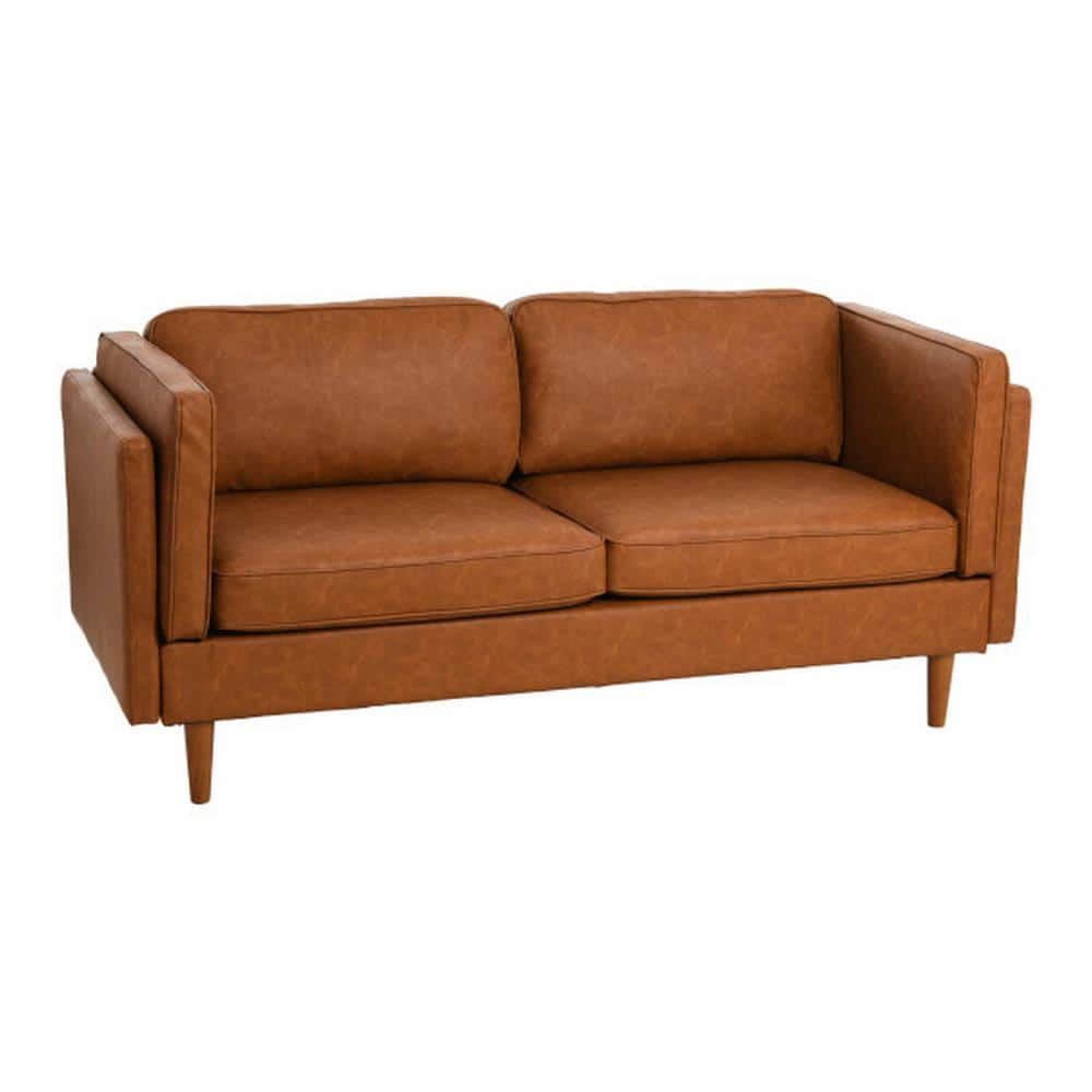Storied Home Atley Modern Upholstered High Sided Sofa with Solid Wood Legs, Vegan Cognac Leather