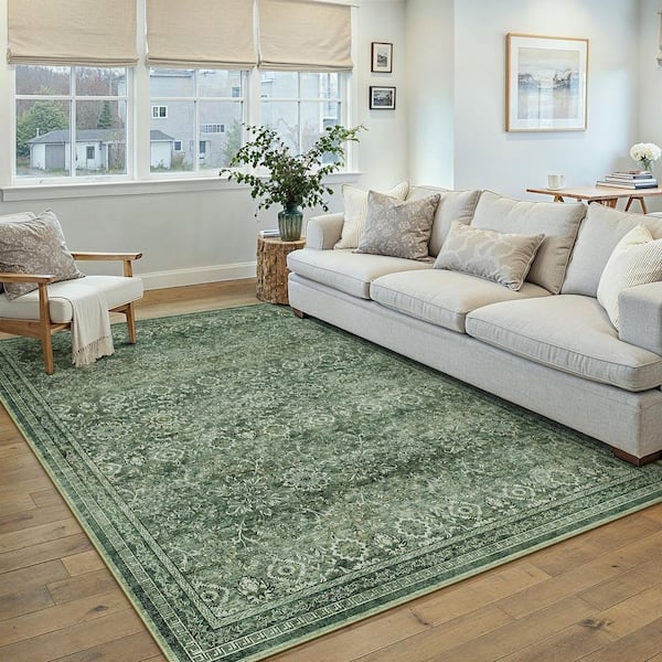 The Wizard of Oz 6 ft. X 9 ft. Green Distressed Washable Vintage Floral Area Rug