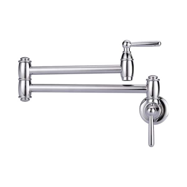 IVIGA Brass Wall Mount Pot Filler with Brass Valve, 2-Handles, Double Joint Swing Arms and 2-Aerators in Polished Chrome
