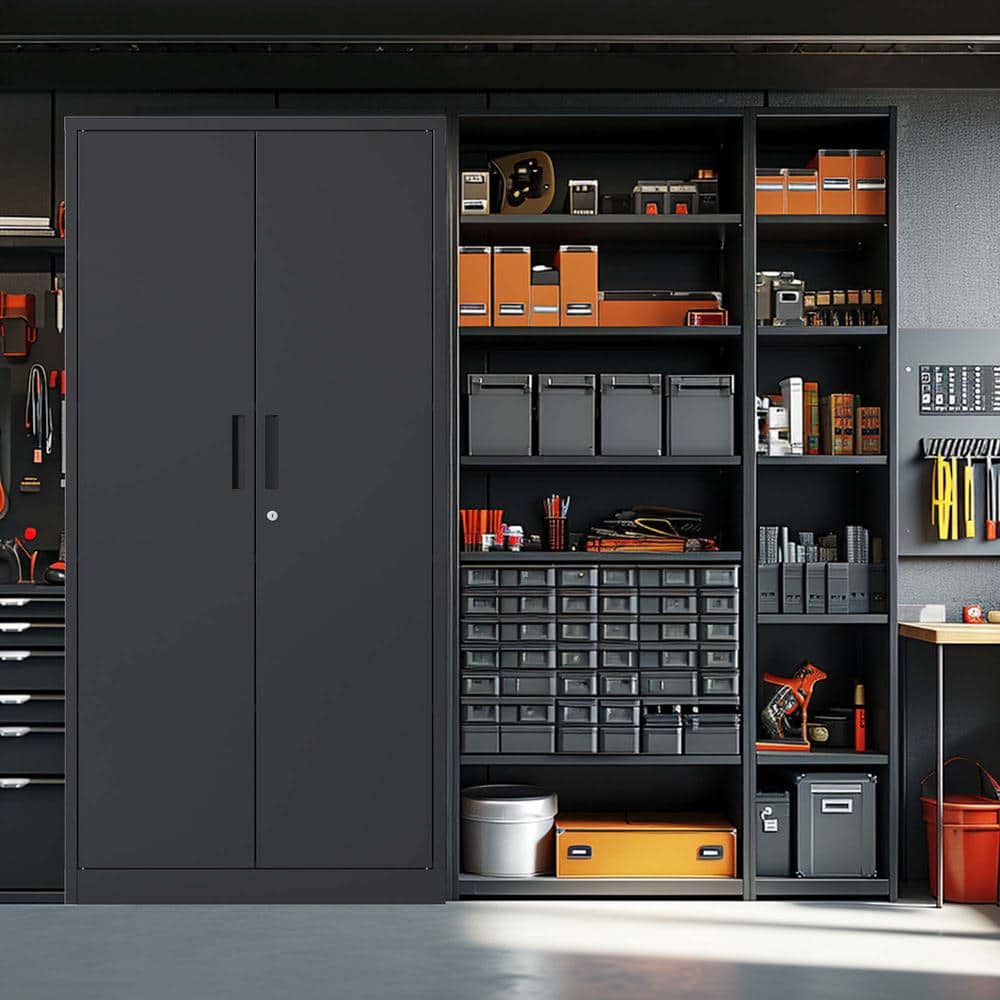 Black Steel Lockable Office Cabinet with Adjustable Shelving