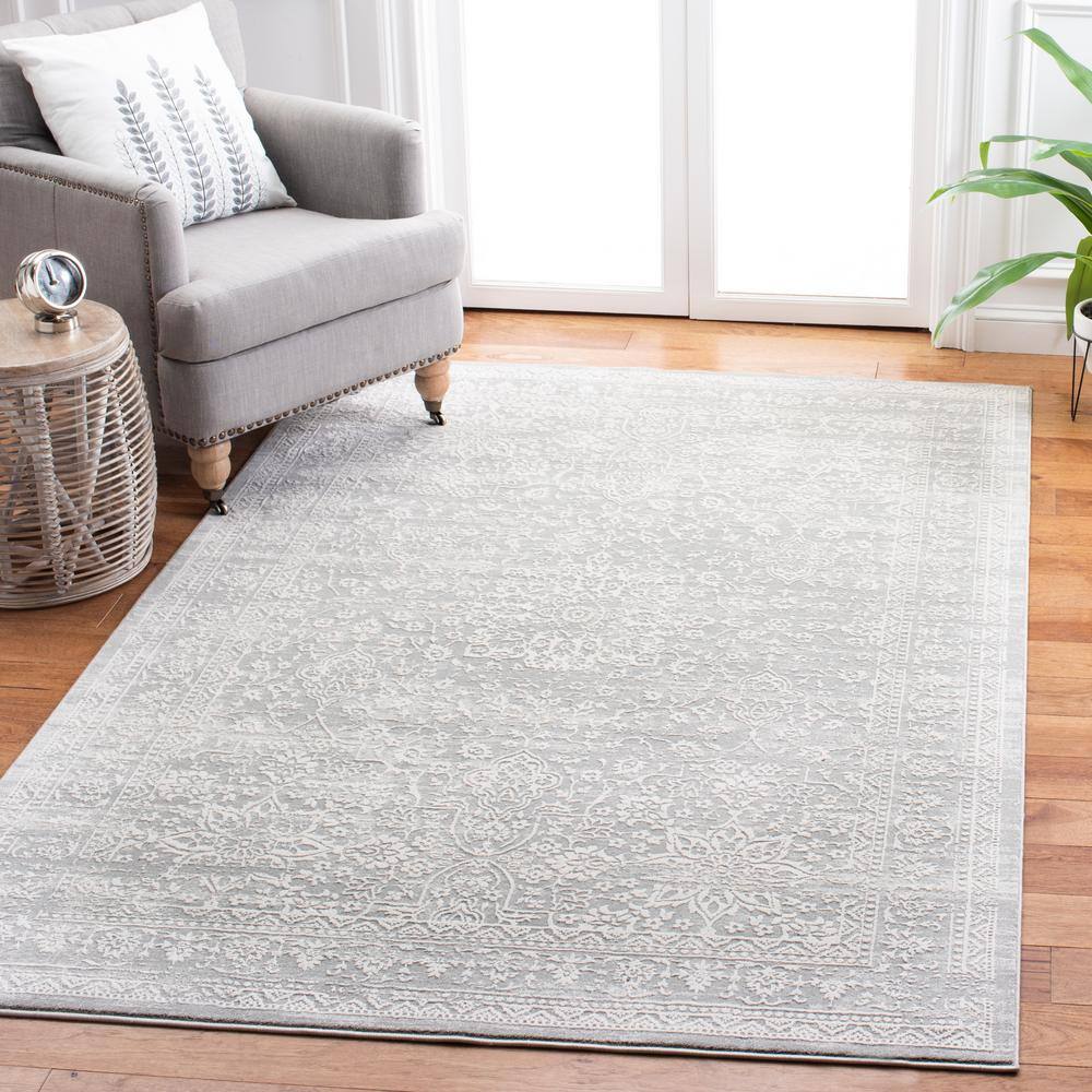 Gray Floral Motif Cotton Synthetic 4' x 6' Area Rug