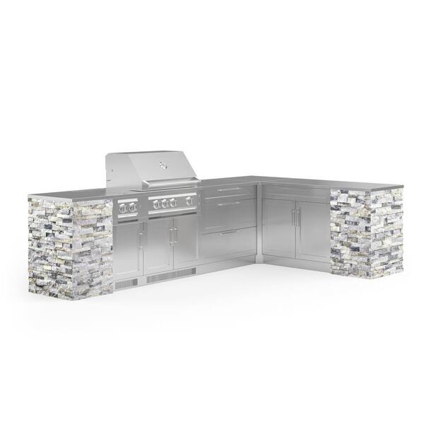 NewAge Products Signature Series Stainless Steel 11-Piece L Shape Outdoor Kitchen Cabinet Set with Liquid Propane Platinum 33 in. Grill