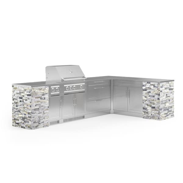 NewAge Products Signature Series Stainless Steel 11-Piece L Shape Outdoor Kitchen Cabinet Set with Natural Gas Platinum 33 in. Grill