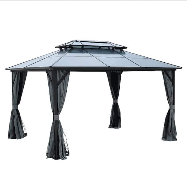 Unbranded 10 ft. x 13 ft. All Weather Patio Gazebo with Netting and Curtains, Black