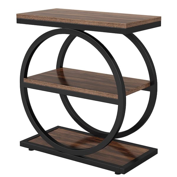 Kerlin 23.62 in. Brown Rectangle Wood End Table with 3 Tiers Storage Shelves and Geometric Base