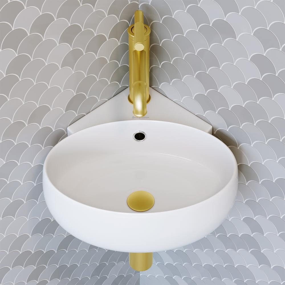 White Ceramic Corner Wall-Mount Vessel Sink