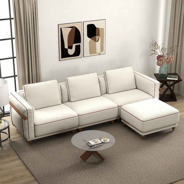 Tony 121.25 in. Linen Upholstered L-Shaped Cloud Sectional Sofa in. White with Ottoman