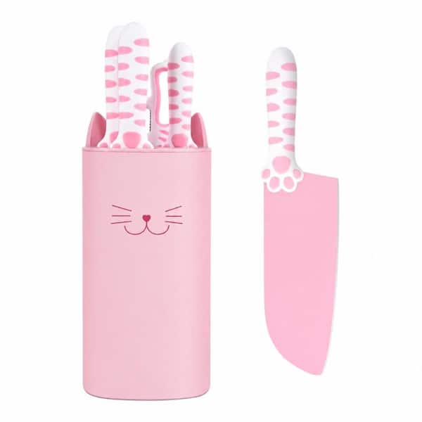 5-Piece X30Cr13 Stainless Steel Non-Stick Knife Block Set with Detachable Cat-Paw Holder and Scissors