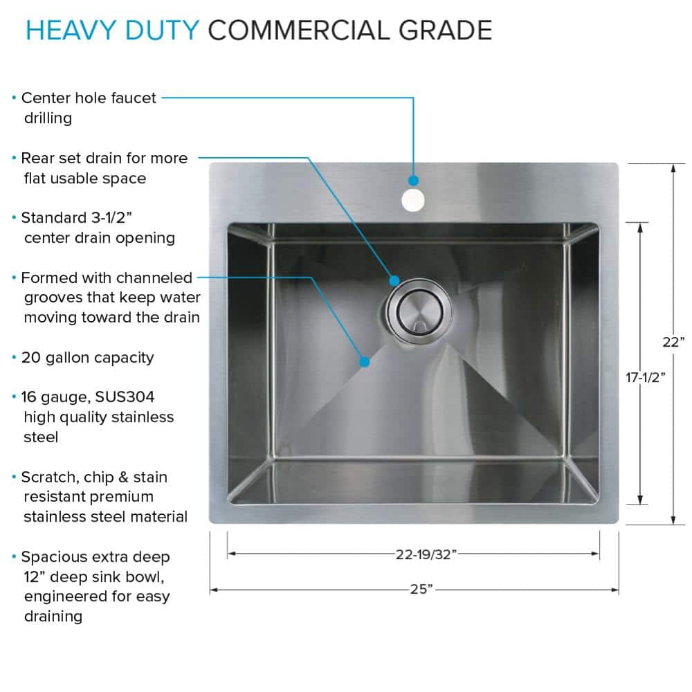25'' Silver Stainless Steel Drop-In Undermount Laundry Sink