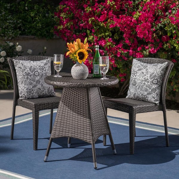 Noble House Neal Gray 3-Piece Faux Rattan Outdoor Bistro Set
