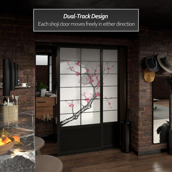 Red Lantern 7 ft. Black Cherry Blossom 2-Panel Sliding Door DOOR