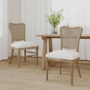 Dark Brown and Beige Cane Back Rubber Wood Dining Chairs, Set of 2