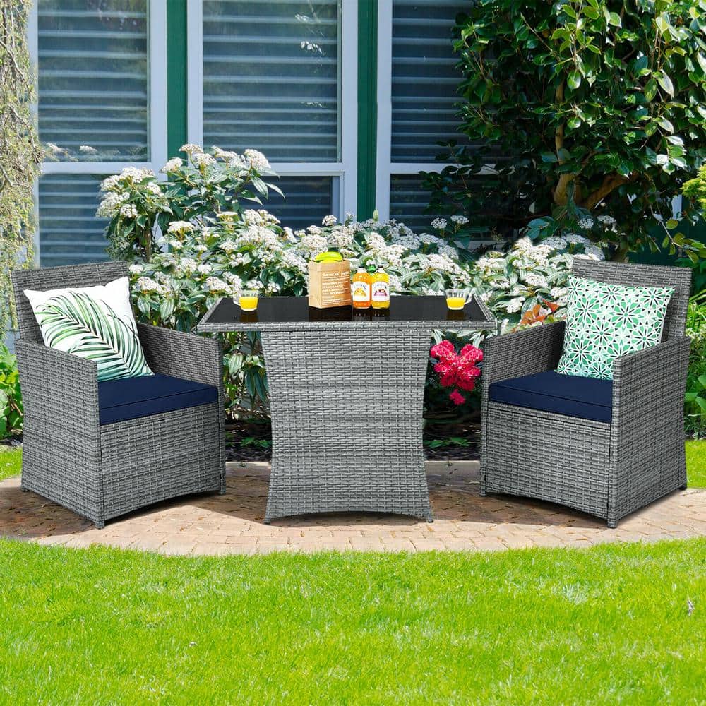 3-Piece Outdoor Wicker Rattan Patio Conversation Set with Navy Cushions