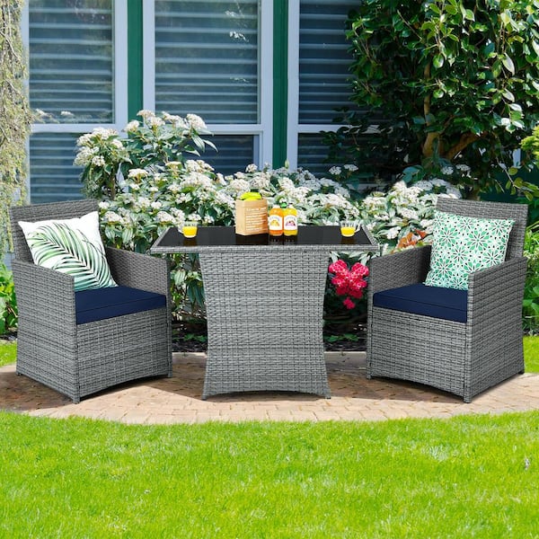 Unbranded 3-Piece Outdoor Wicker Rattan Patio Conversation Set with Navy Cushions