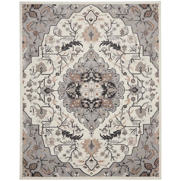 Nourison Elation Ivory Grey 8 ft. x 10 ft. Center Medallion Traditional Area Rug