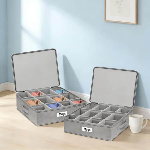 2-Pack Foldable 12-Hook Grey Linen Mug Storage Box w/ Dividers, Dustproof and Stackable for Tea Cups Packing and Moving