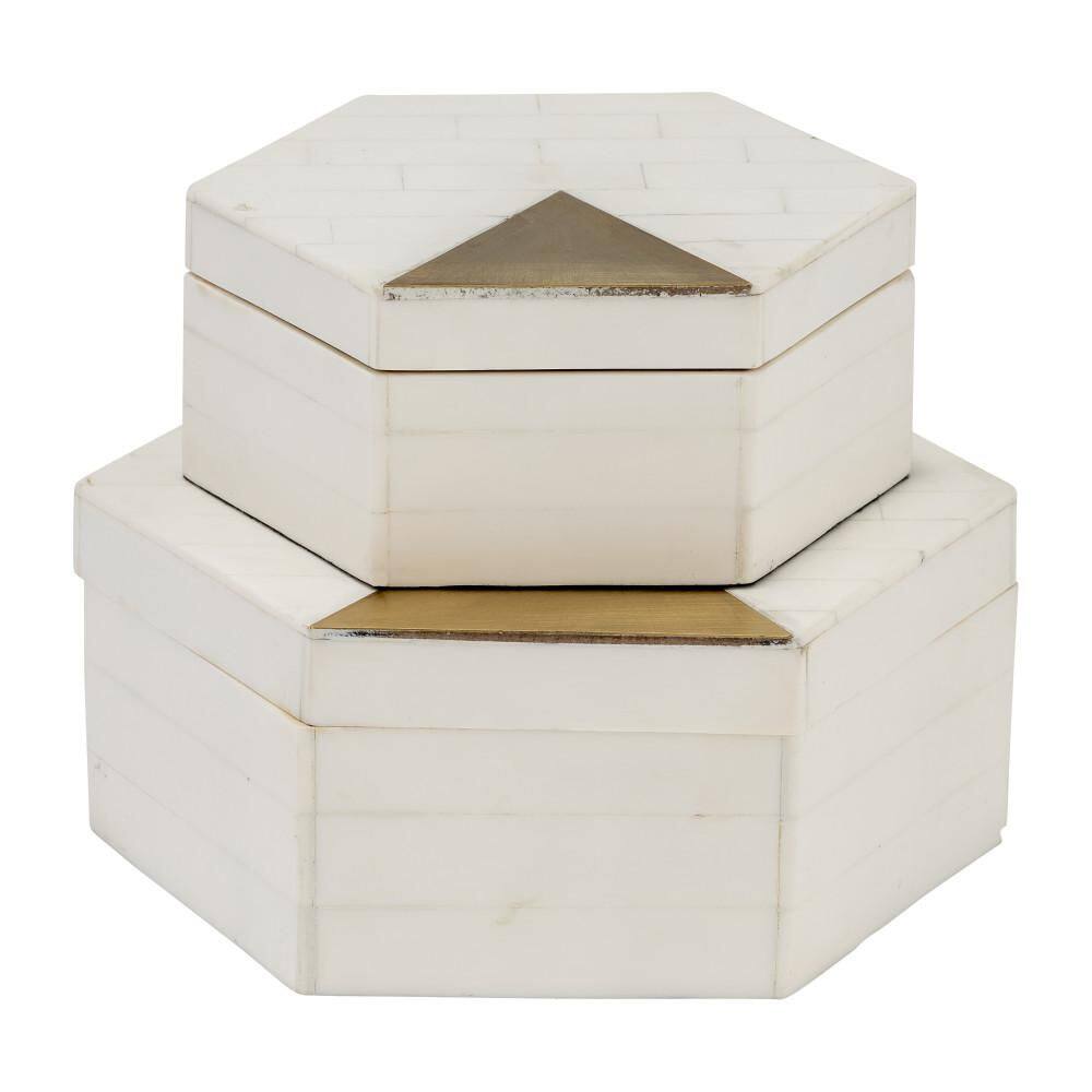 White and Gold Hexagon Resin Decorative Boxes with Brass Inlay, Set of 2