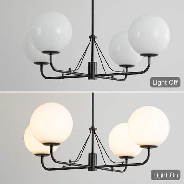 4 Light Matte Black Mid Century Globe Chandelier Modern Sputnik Pendant Light Fixture for Bedroom with Milky Glass Shade