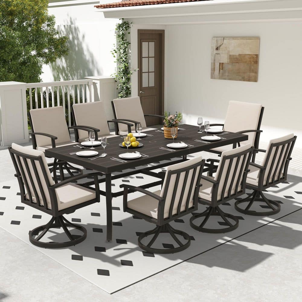 Serenity Gardens 9-Piece Dark Brown Aluminum Outdoor Dining Set with 8 Swivel Dining Chairs and Cushions price history on PriceWatchPro