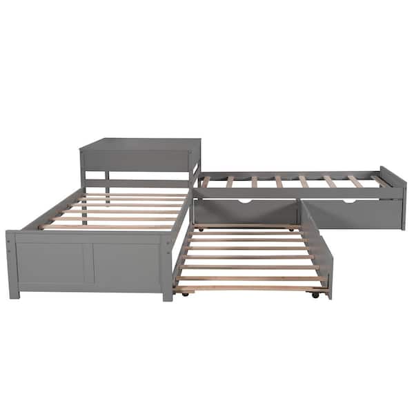 ANBAZAR Gray Twin Size L-Shaped Platform Beds with Trundle and 2-Drawers Wooden 3-Kids Platform Bed Frame with Built-in Desk