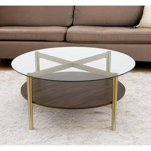 36 in. Gold Round Glass Coffee Table with Shelves Storage