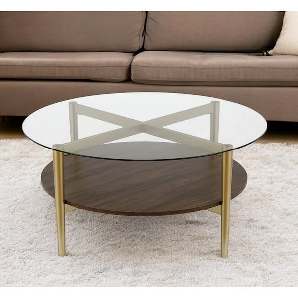 HomeRoots 36 in. Gold Round Glass Coffee Table with Shelves Storage