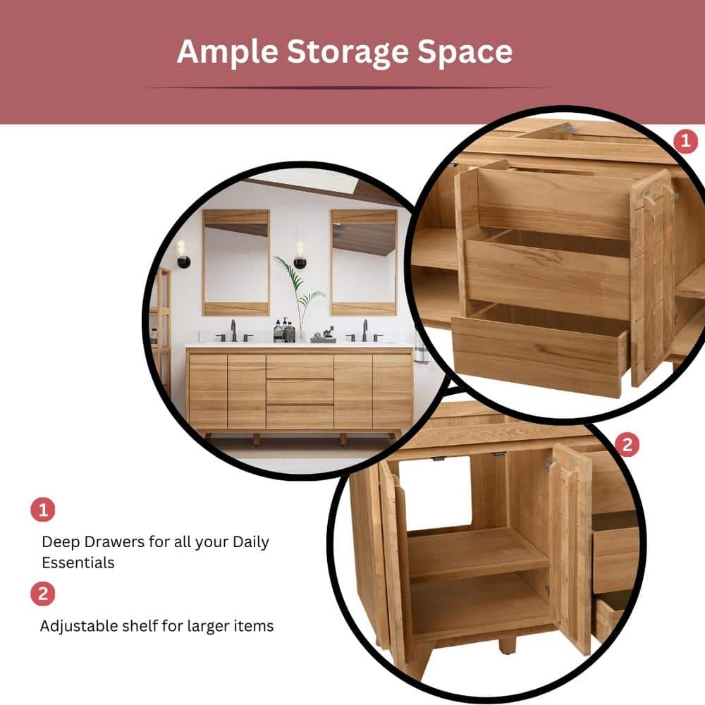 Natural Teak Double Bathroom Vanity with Marble Top
