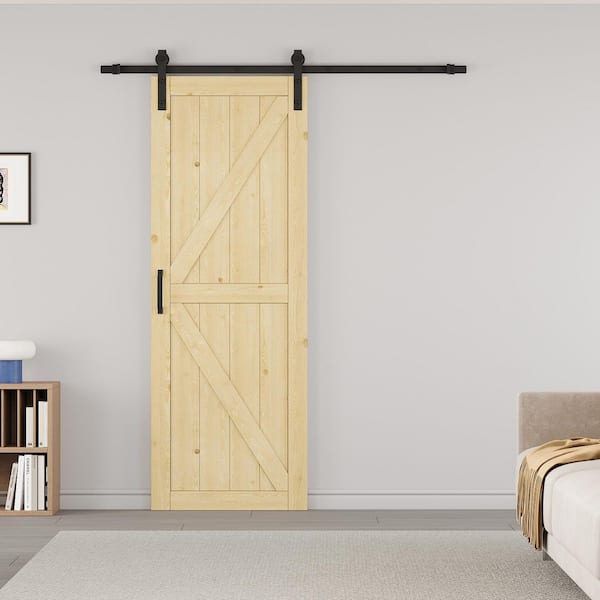 30 in. x 84 in. K Shape Solid Unfinished Pine Wood Interior Sliding Barn Door Slab with Hardware Kit and Soft Close