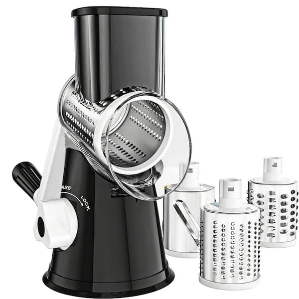 Rotary Cheese Grater with Hand Crank, Non-slip Suction Base for Fresh Cheese, Vegetable and Nuts, Black (1-Pack)