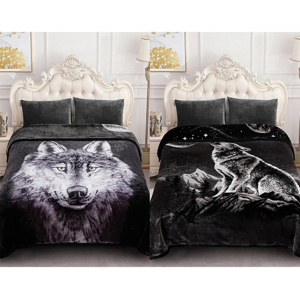 JML Black White Wolf 75 in. x 87 in. Reversible Printed Polyester
