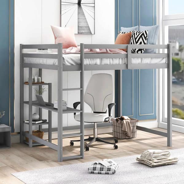 Polibi Full Size Loft Bed with Built-in Desk and Shelves, Gray