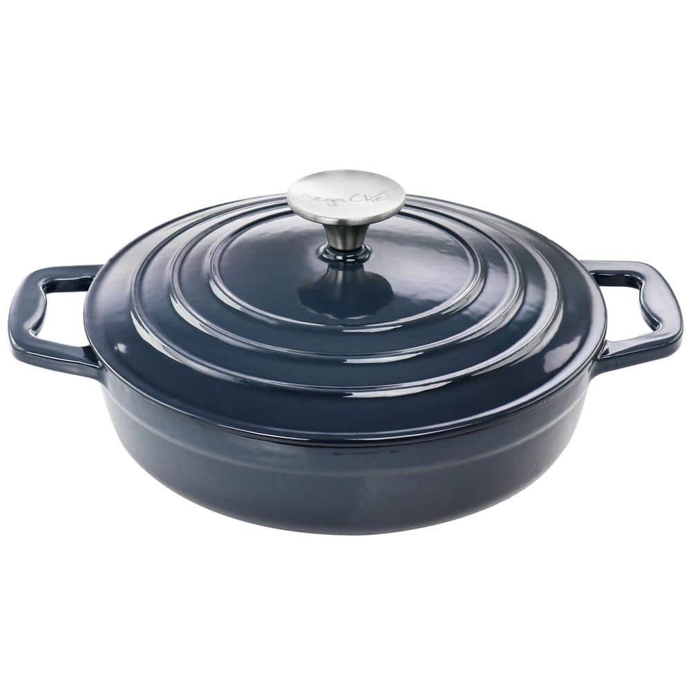2 qt. Dark Blue Enameled Cast Iron Braiser Pan with Lid