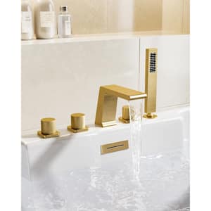 3-Handles Deck-Mount Roman Tub Faucet with Hand Shower in Brushed Gold (Valve Included)