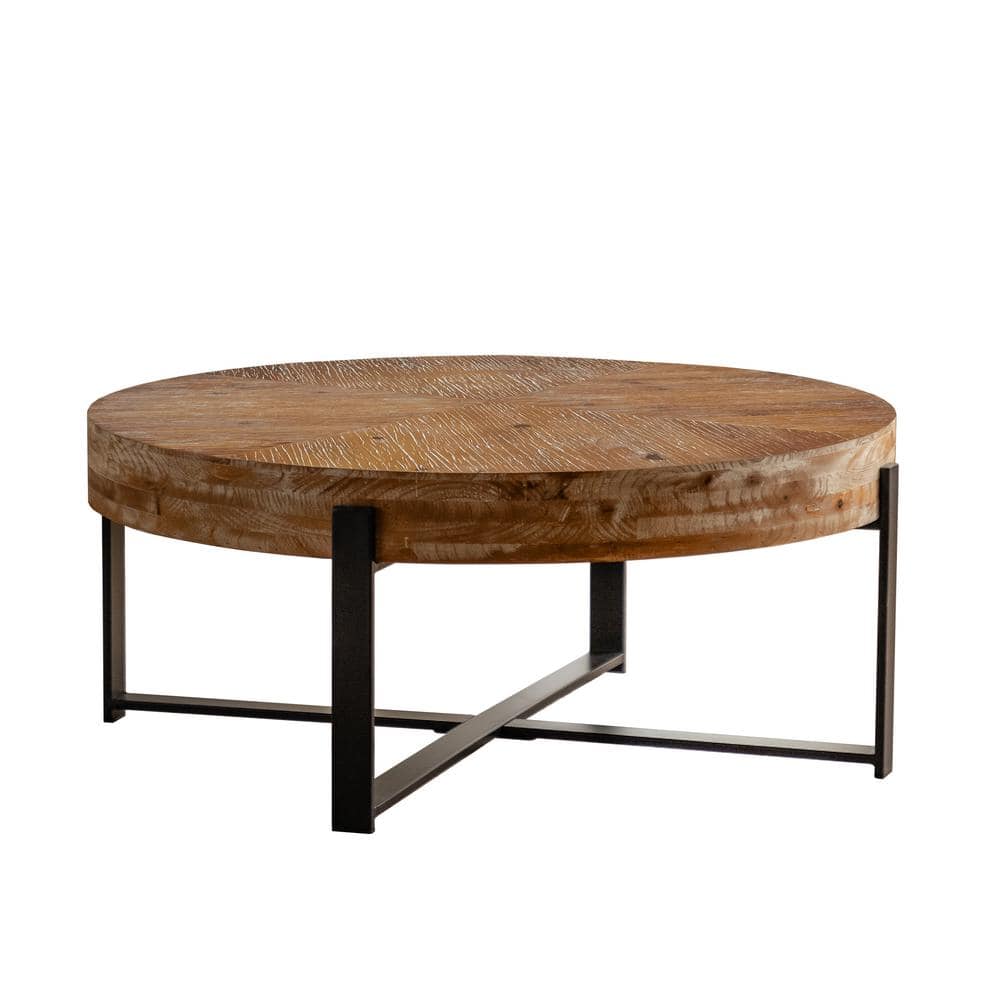 Modern Retro Splicing Wood Round Outdoor Coffee Table with Black Cross Legs