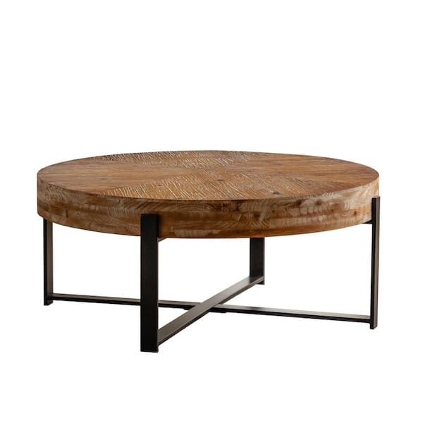 Unbranded Modern Retro Splicing Wood Round Outdoor Coffee Table with Black Cross Legs Base