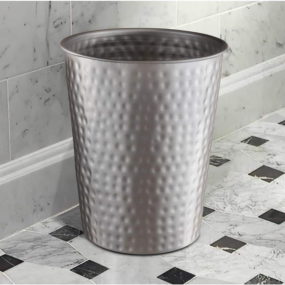 Hand Hammered Matte Gray Metal Round Bathroom Trash Can