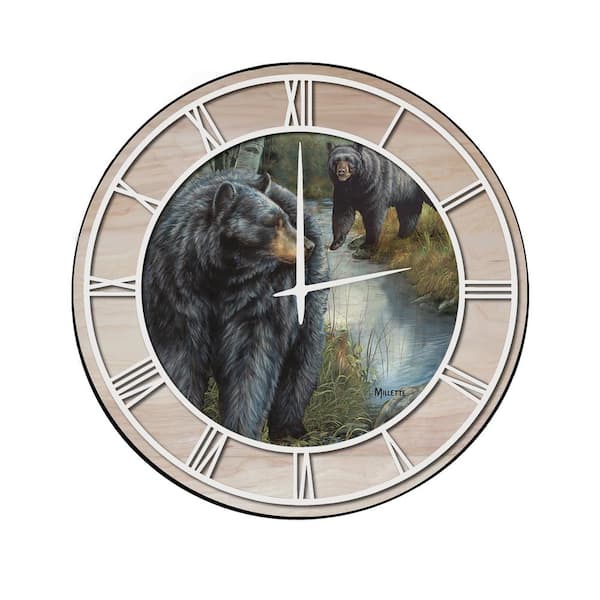 Unbranded "Birchwood Bears" Woodgrain Accent and White Numbers Imaged Wall Clock