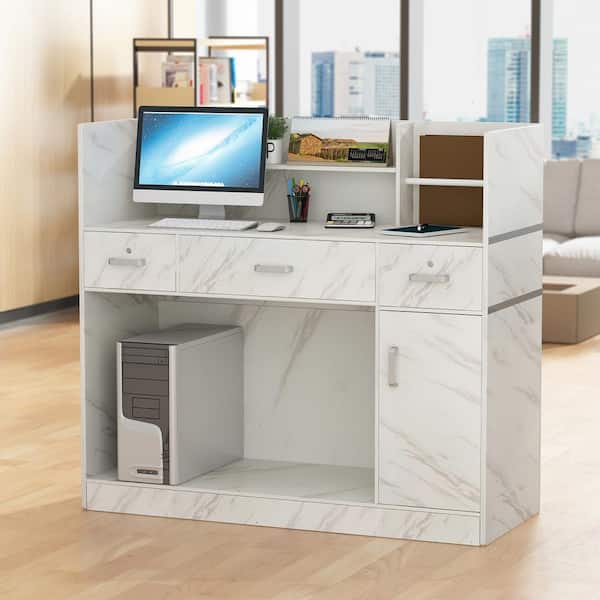 47.2 in. Rectangle Marble Wood Writing Desk Reception Desk Executive Computer Workstation W/Lockable Drawers, Cabinet