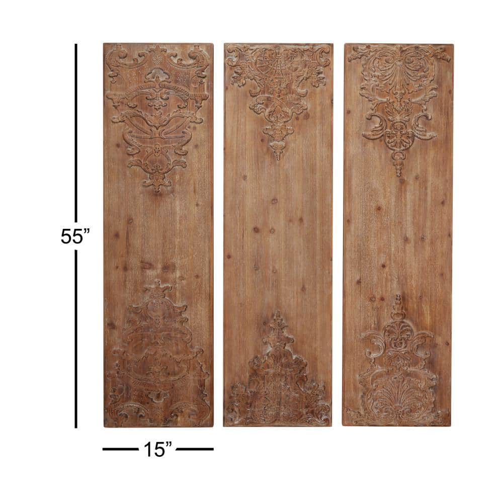 Brown Wood Carved Floral Antefix Wall Decor Set of 3