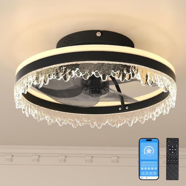 24 in. Modern LED Ceiling Fan with Light and Remote in Black with Crystal Shade Flush Mount Dimmable Color Temperature