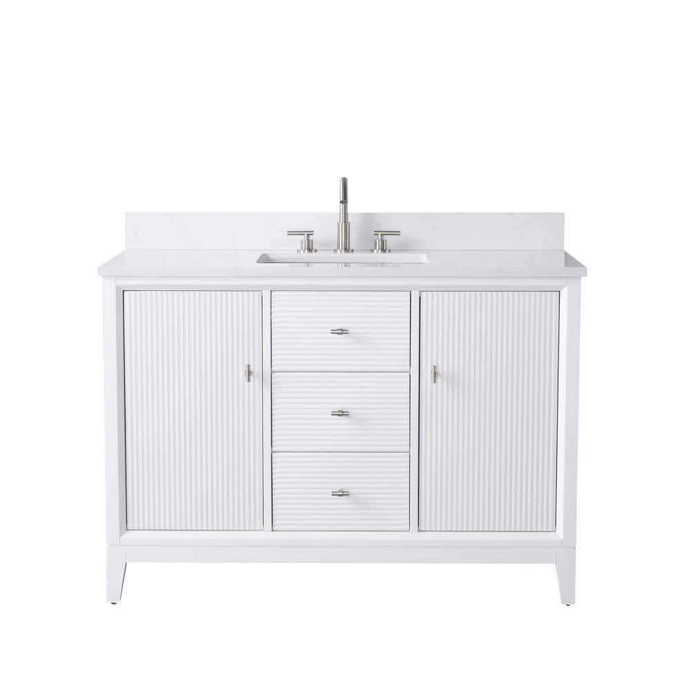 48 in. W Single Sink Freestanding White Bath Vanity Cabinet with Ariston White Engineered Marble Top