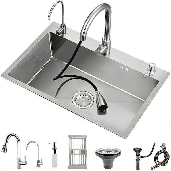 19.7 in. Drop In/Topmount Workstation Single Bowl Stainless Steel Kitchen Sink with Faucet and Grids