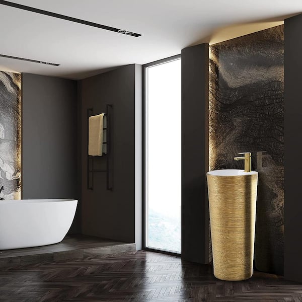 Vannes 15.34 in. W x 15.34 in. L Luxury Ceramic Round Pedestal Sink and Basin in Brushed Gold