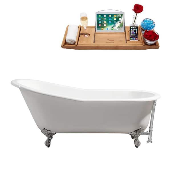 Streamline 61.4 in. Cast Iron Clawfoot Non-Whirlpool Bathtub in Glossy White with Polished Chrome Drain, Polished Chrome Clawfeet
