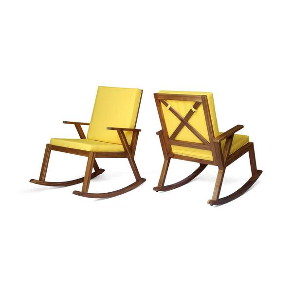 Noble House Champlain Teak Brown Wood, Yellow Outdoor Cushions For Rocking Chairs