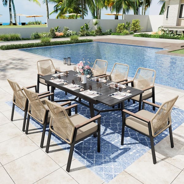 9-Piece Black Metal Patio Outdoor Dining Set with Expandable Rectangle Table and Woven Rope Chair with Beige Cushions