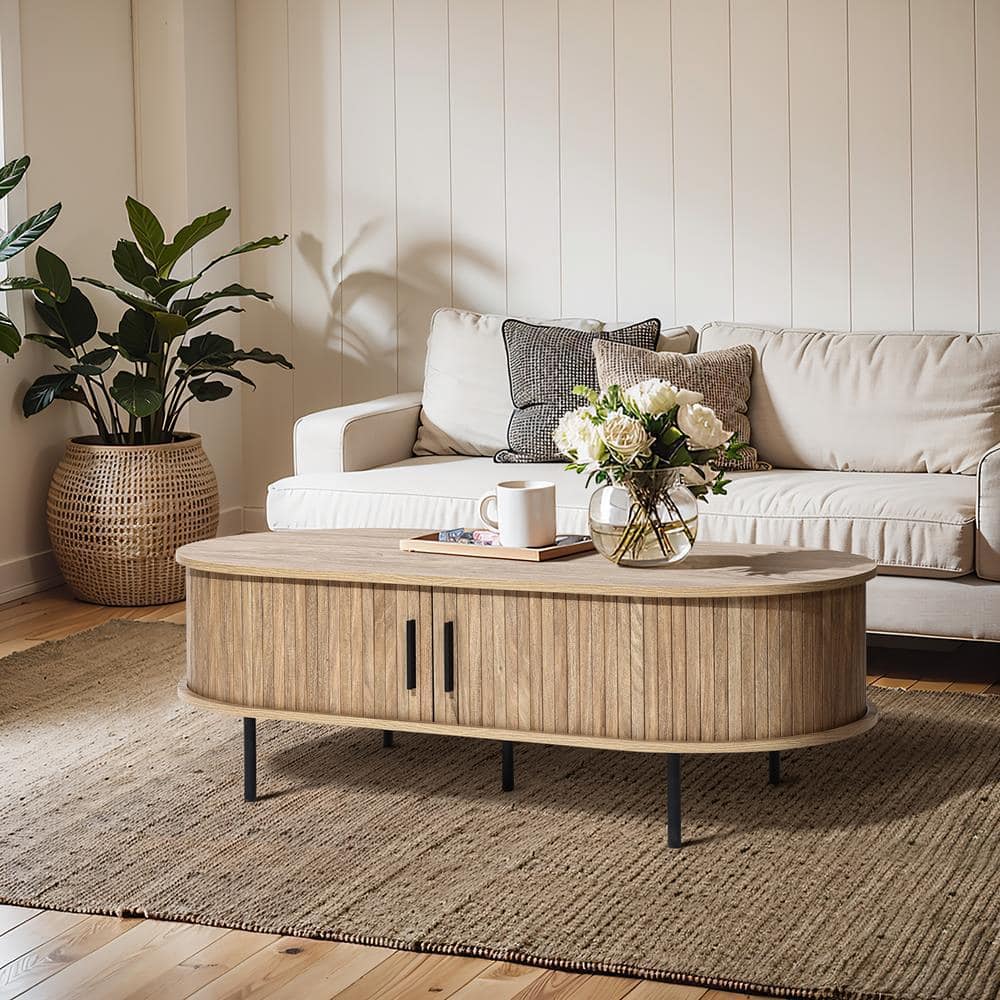 Mid-Century Modern Oval Oak Coffee Table with Storage