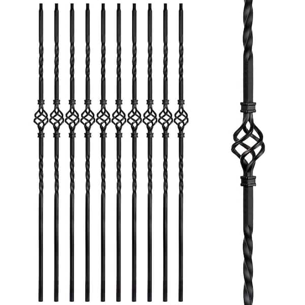 Wrought Iron Stair Balusters 44 x 1/2 Hollow Single Basket Metal Spindles Satin Black Box of 10