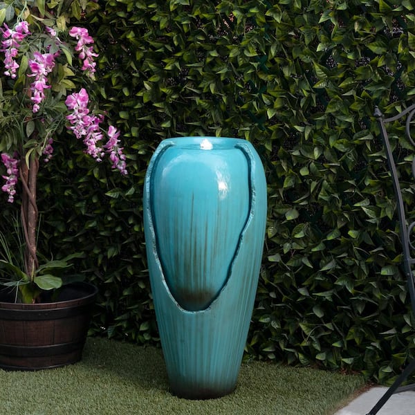 33 in. Tall Ceramic Outdoor Jar Water Fountain with LED Light, Turquoise