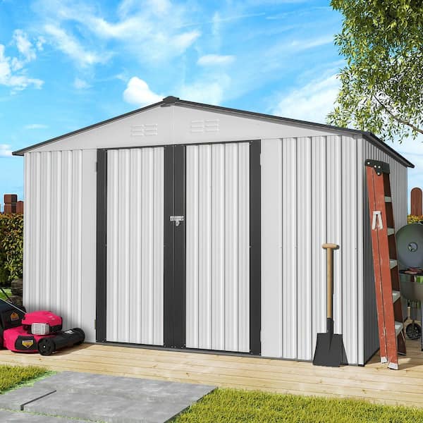 10 ft. W x 8 ft. D Outdoor Metal Storage Shed with Lockable Doors for Garden, Patio, Backyard, Lawn, White (75 sq. ft.)